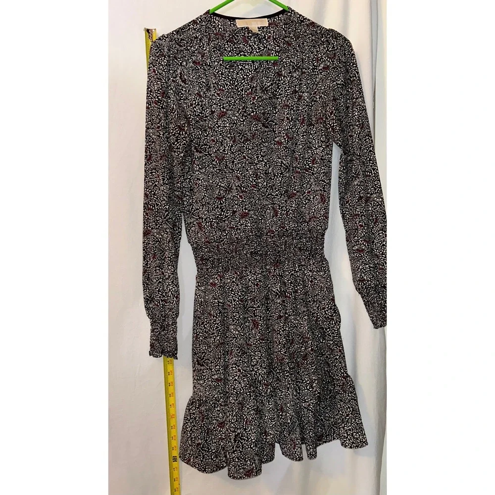 Michael Kors Black Floral‎ Print Long Sleeve Dress XS Mini Ruffle Hem